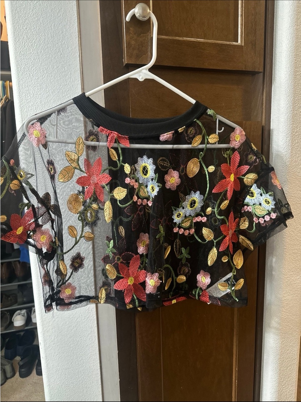 SHEIN Black Sheer Cropped Top with Multicolor Floral Embroidery